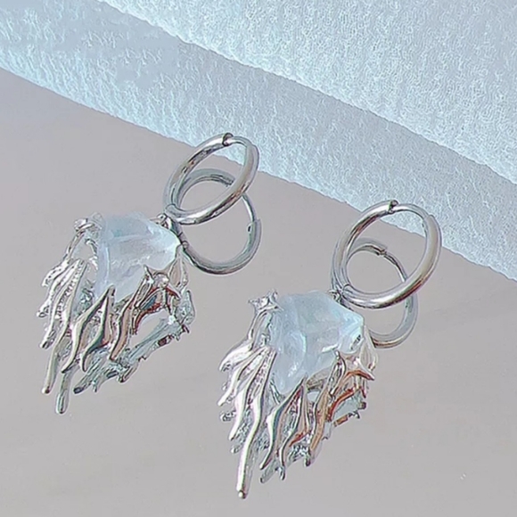 Silver titanium white crystal melting liquid metal look punk goth earnings - Picture 3 of 4